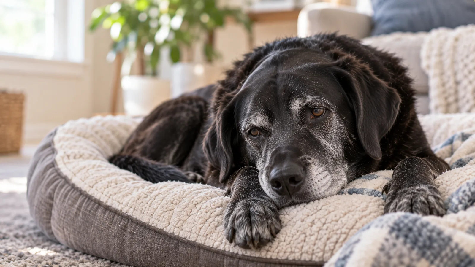 Black dog with a greying muzzle lying in a round padded bed, head down and eyes half open.
